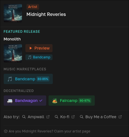 Showing the result of a search on Unstram, where are listed Bandcamp, Bandwagon, Faircamp