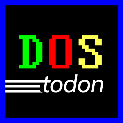 the DOStodon logo on black background with dark blue border.

the letters D O and S are green, red, yellow on the first line and 'todon' in grey on the second.