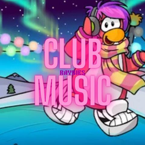 EP cover of Club Music by Raybies, depicting a penguin from the videogame Penguin Club with snow, headset, and scarf. Plus EP title and authon name.