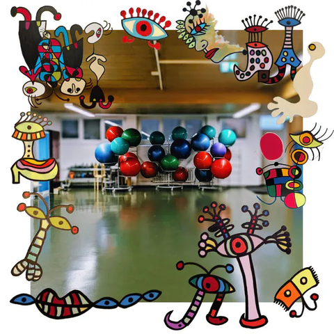 Album cover created by Kikhausen, has a picture of a gym with big bouncing balls and like contemporary art doodles that I should be able to identify but I cannot.