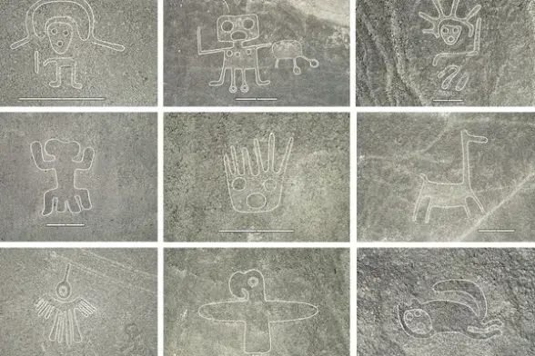 The Nazca Lines are ancient geoglyphs (large designs etched into the ground) located in the arid Nazca Desert in southern Peru. They're enormous pictures, the reasons for which are lost in time. But some people like to think aliens or whatever. But it's likely ceremonial or for worship (imo). Some of the new ones are.... Little girl ghost big hair pigtails knife, robot with a massive bug, sungod having a poo, spider under arrest, handman, giraffe, spoon angel, parrot jesus, sleepy cat.